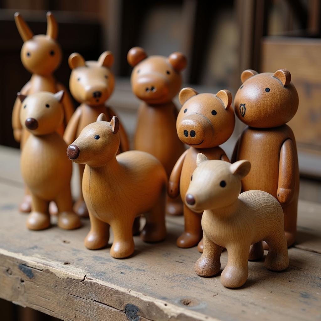 Antique Folk Art Wooden Toys: A collection of hand-carved wooden toys, depicting animals and figures, showcasing the craftsmanship and whimsical nature of traditional folk art.