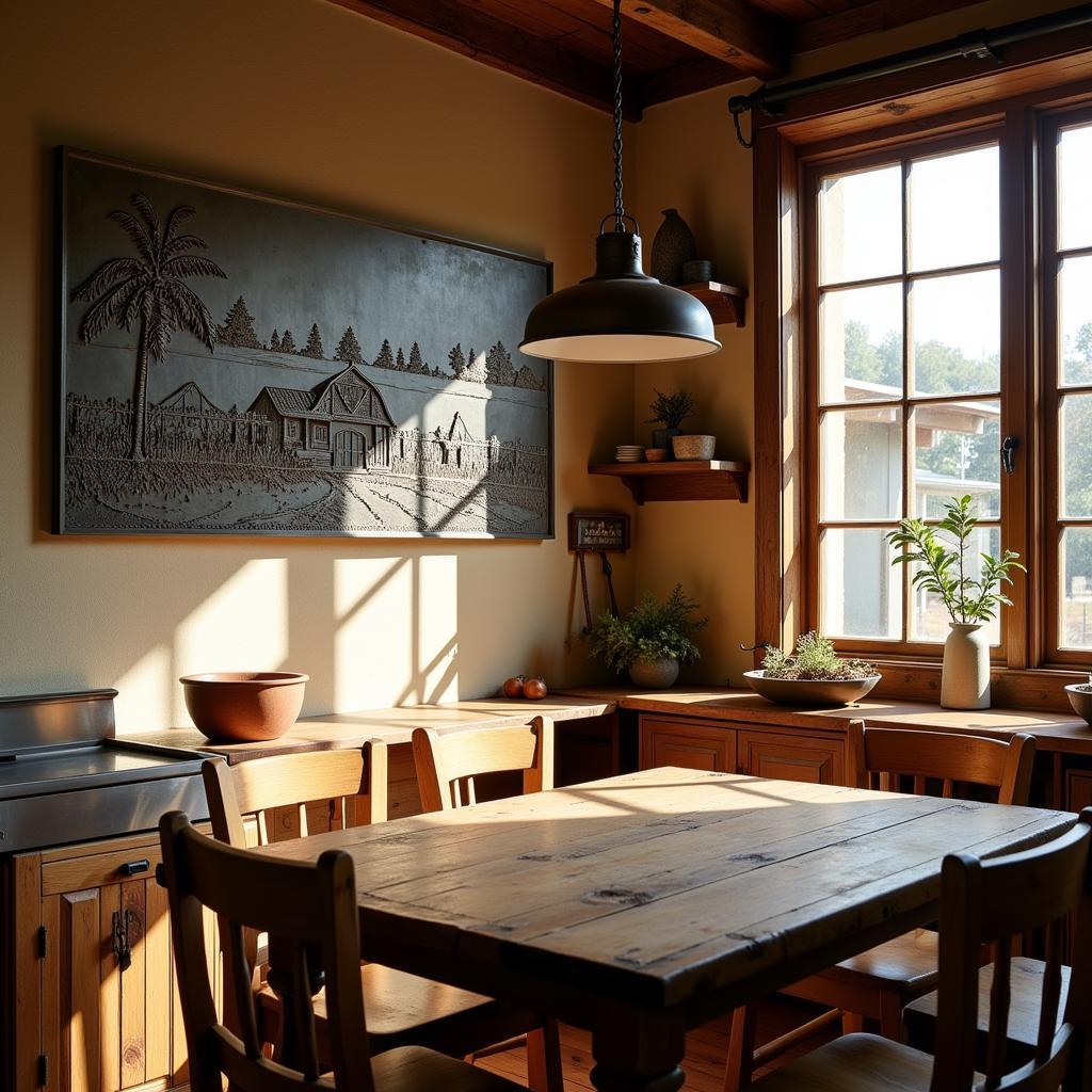 Antique Metal Wall Art in a Farmhouse Kitchen