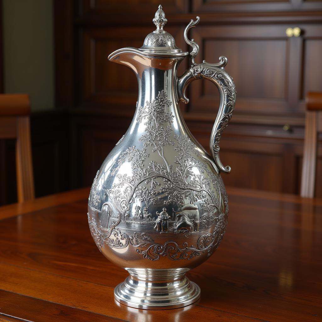 Antique silver carafe with ornate engravings