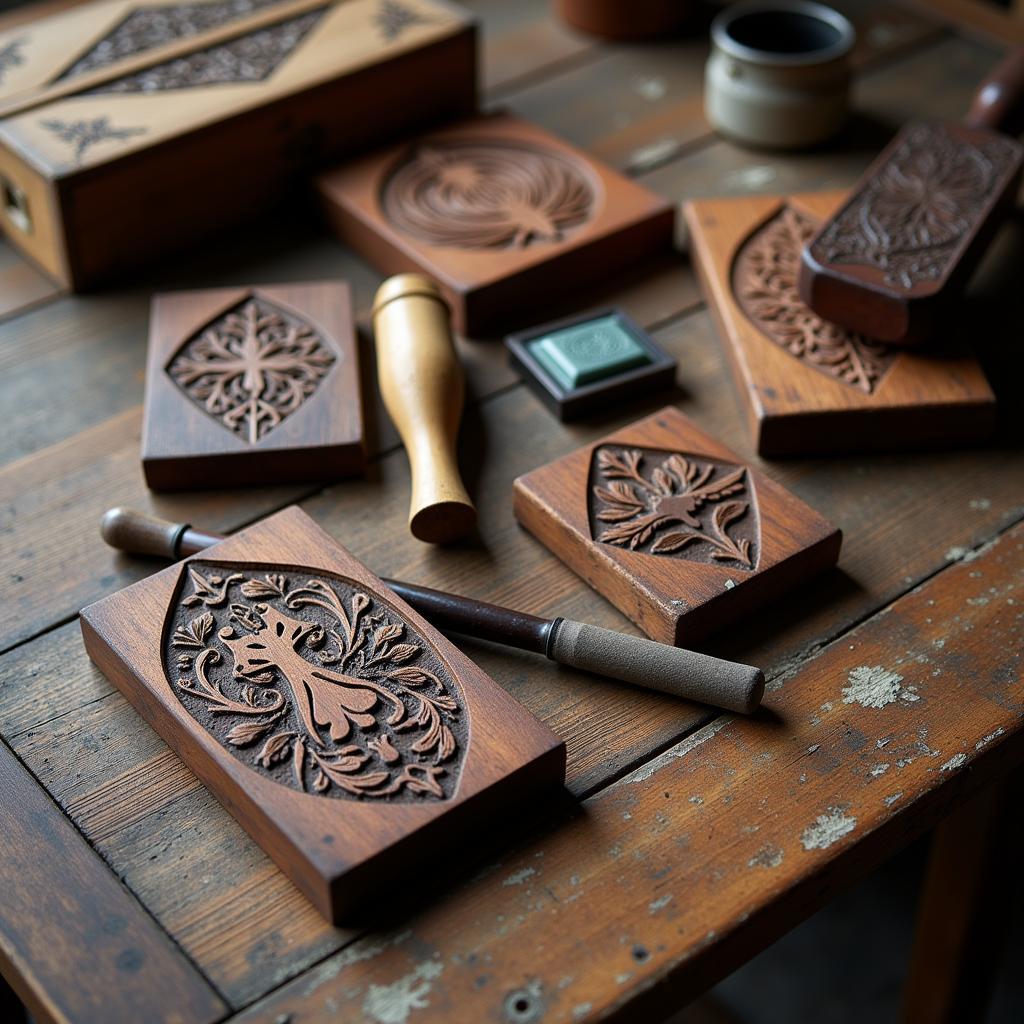 Antique Woodblock Printing Tools Demonstrating Traditional Techniques