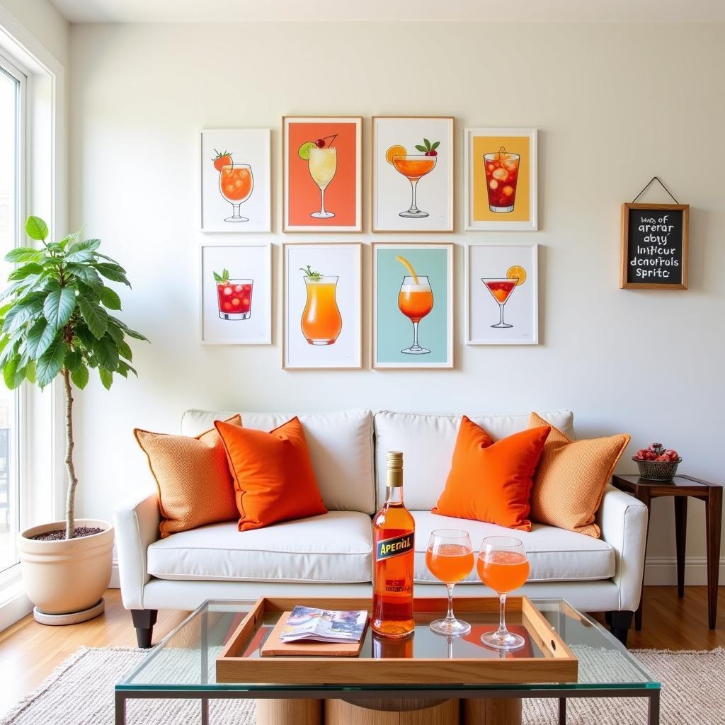 A living room with various aperol spritz themed decor elements.