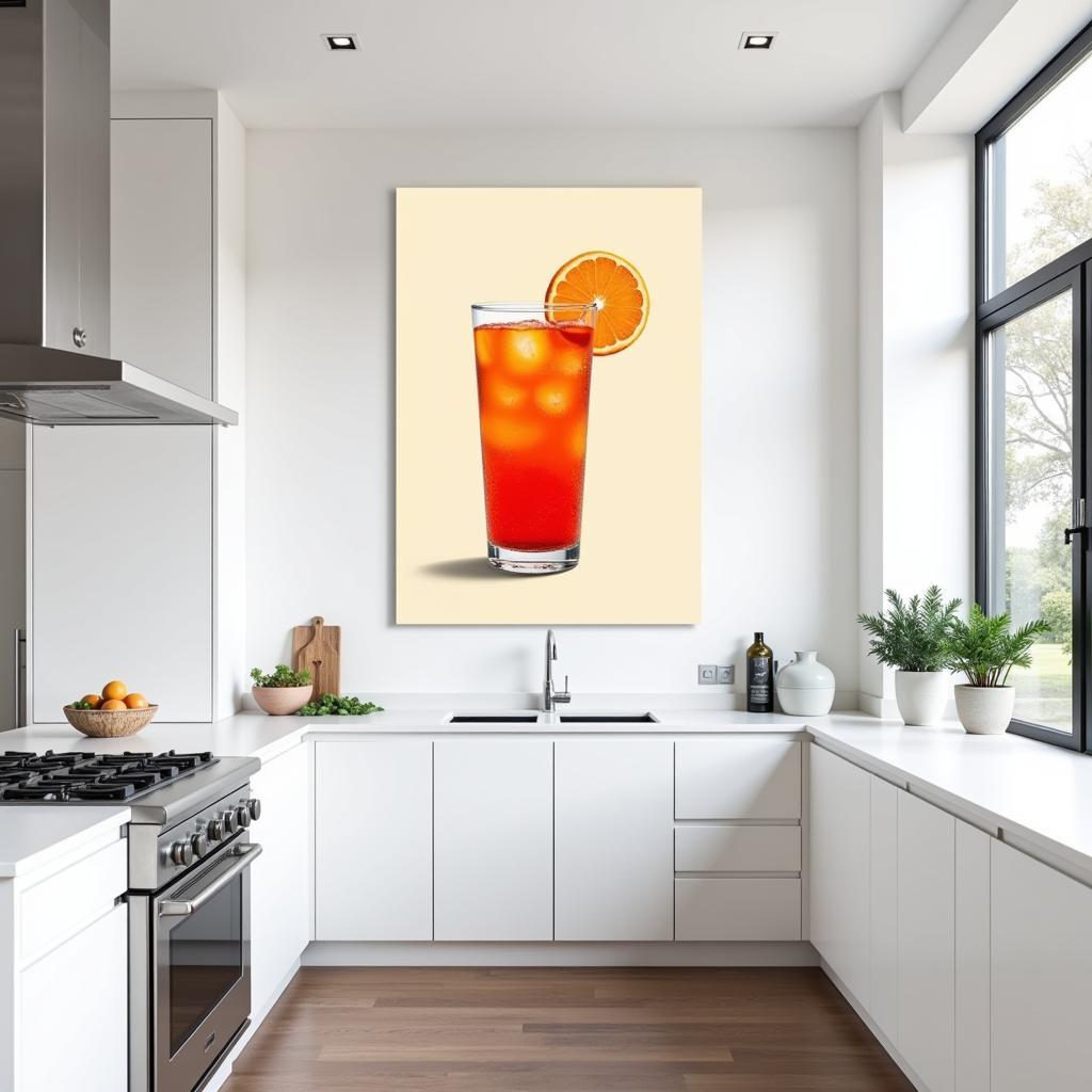 Modern kitchen featuring aperol spritz wall art above a breakfast bar.