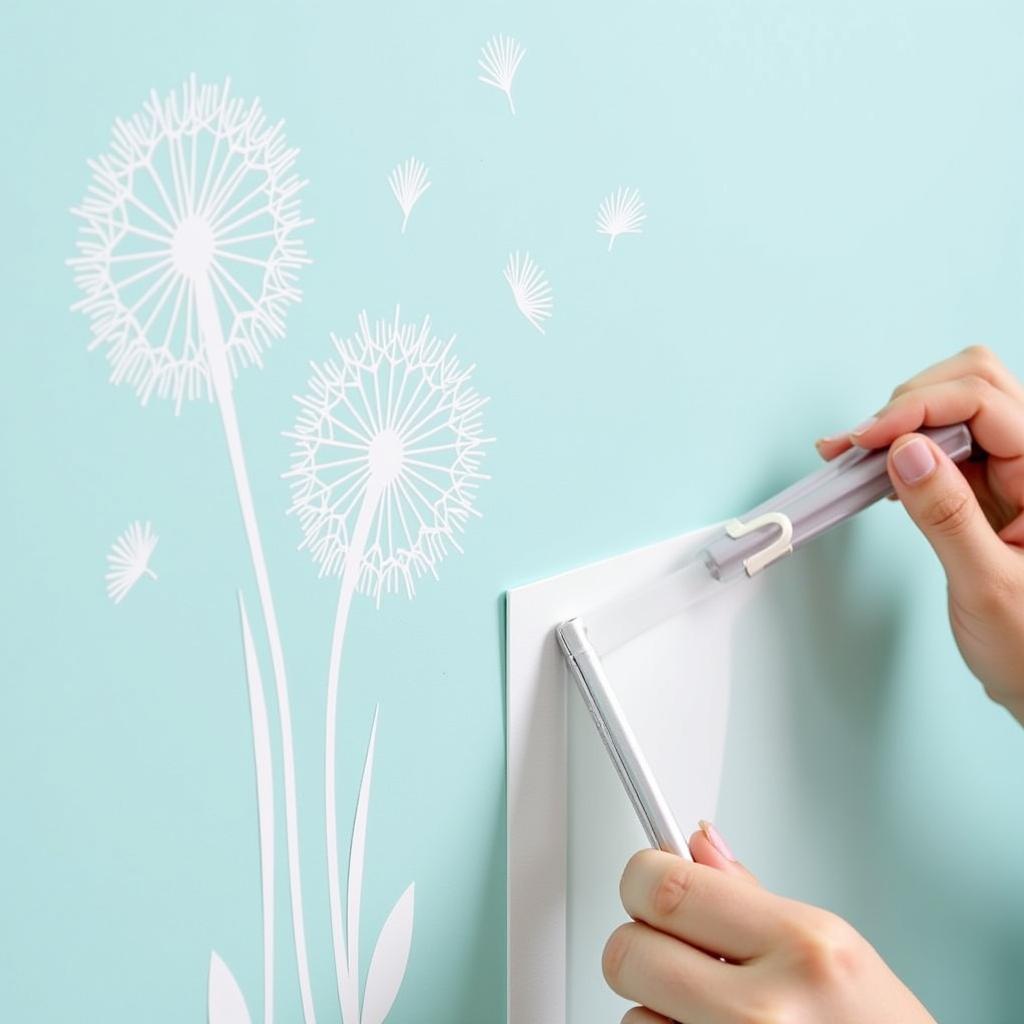 Applying a dandelion wall art decal to a bedroom wall