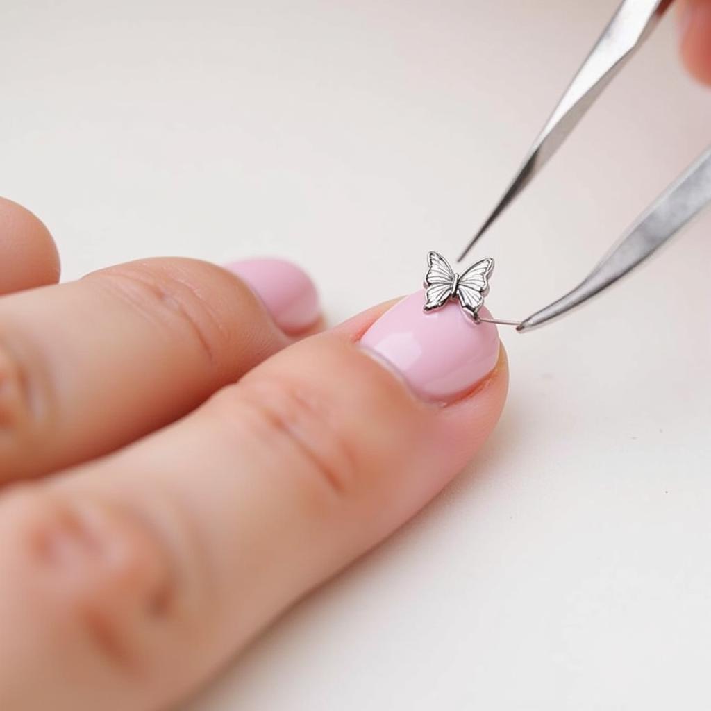 Applying nail art charms using tweezers on a painted nail.