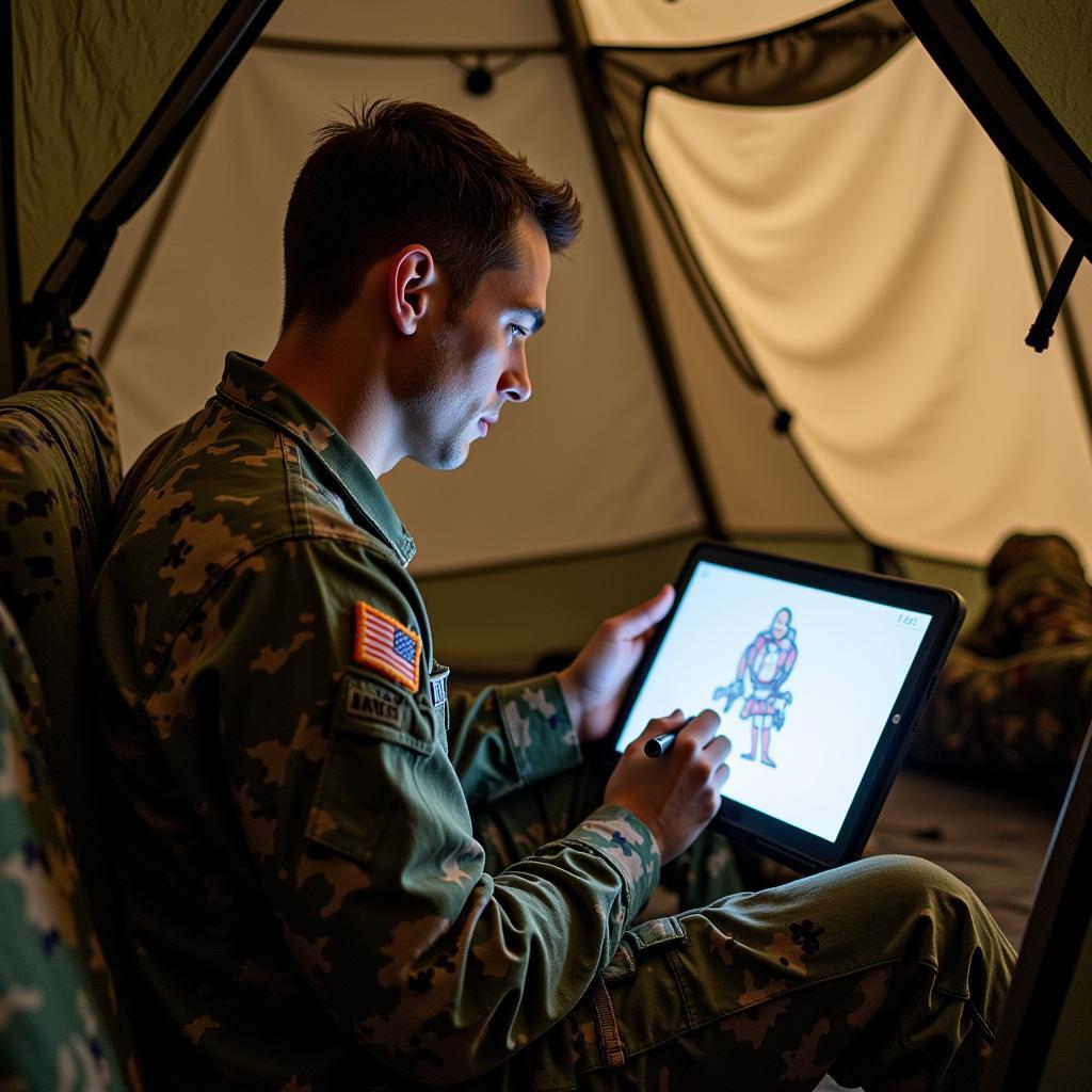 Army Ranger Creating Digital Art on a Tablet