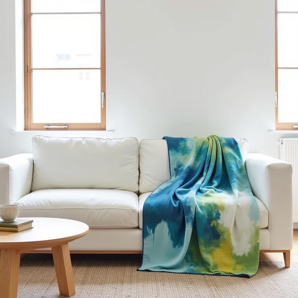 Modern art blanket with a vibrant abstract design adding a pop of color to a minimalist living room