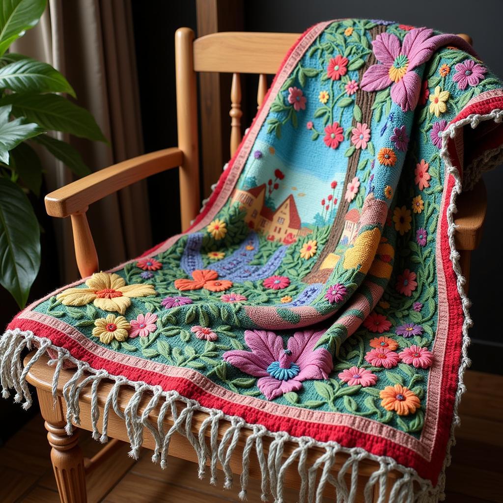 Woven tapestry art blanket showcasing intricate details and vibrant colors