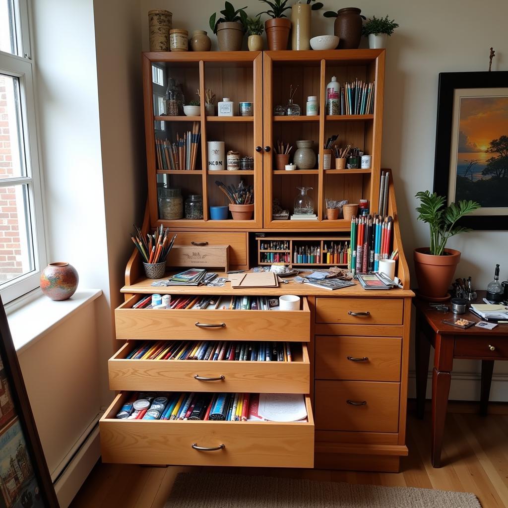 Organized art studio with a wooden art cabinet featuring multiple drawers filled with various art supplies.