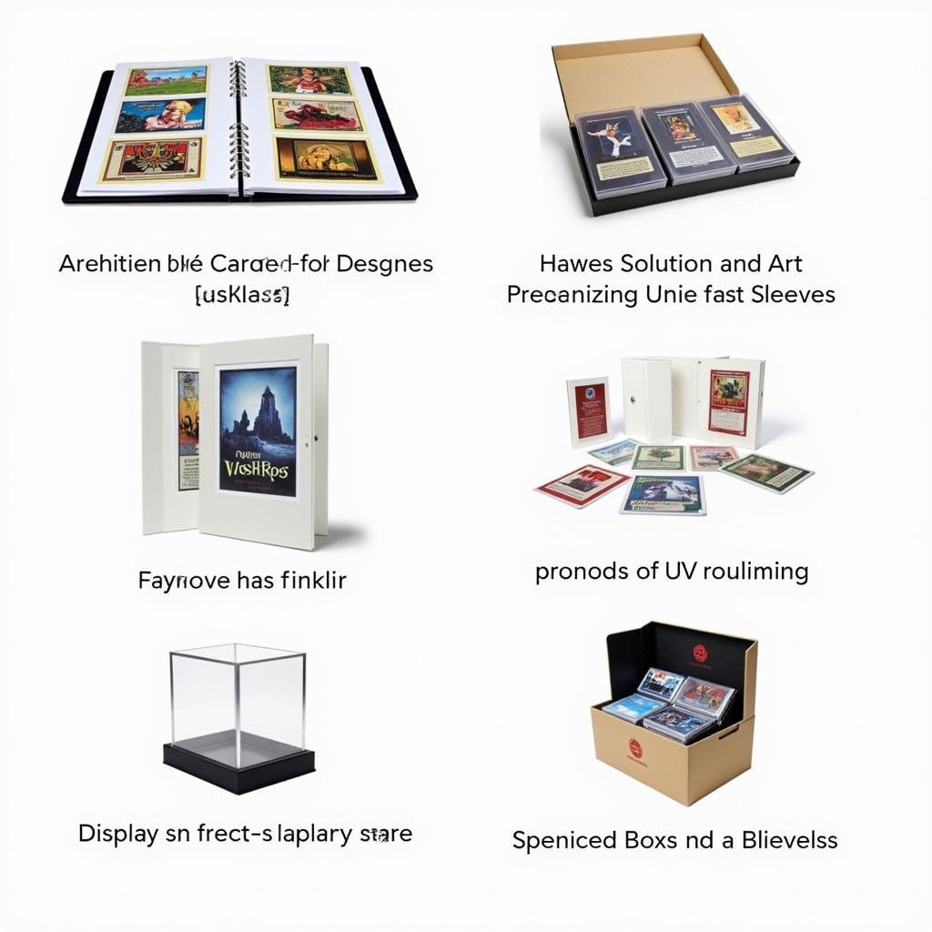 Various storage solutions for art card sleeves, including binders, boxes, and display cases