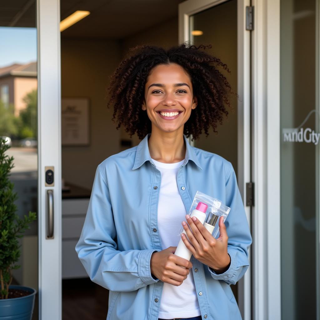 Smiling patient leaving Art City Dental after a check-up