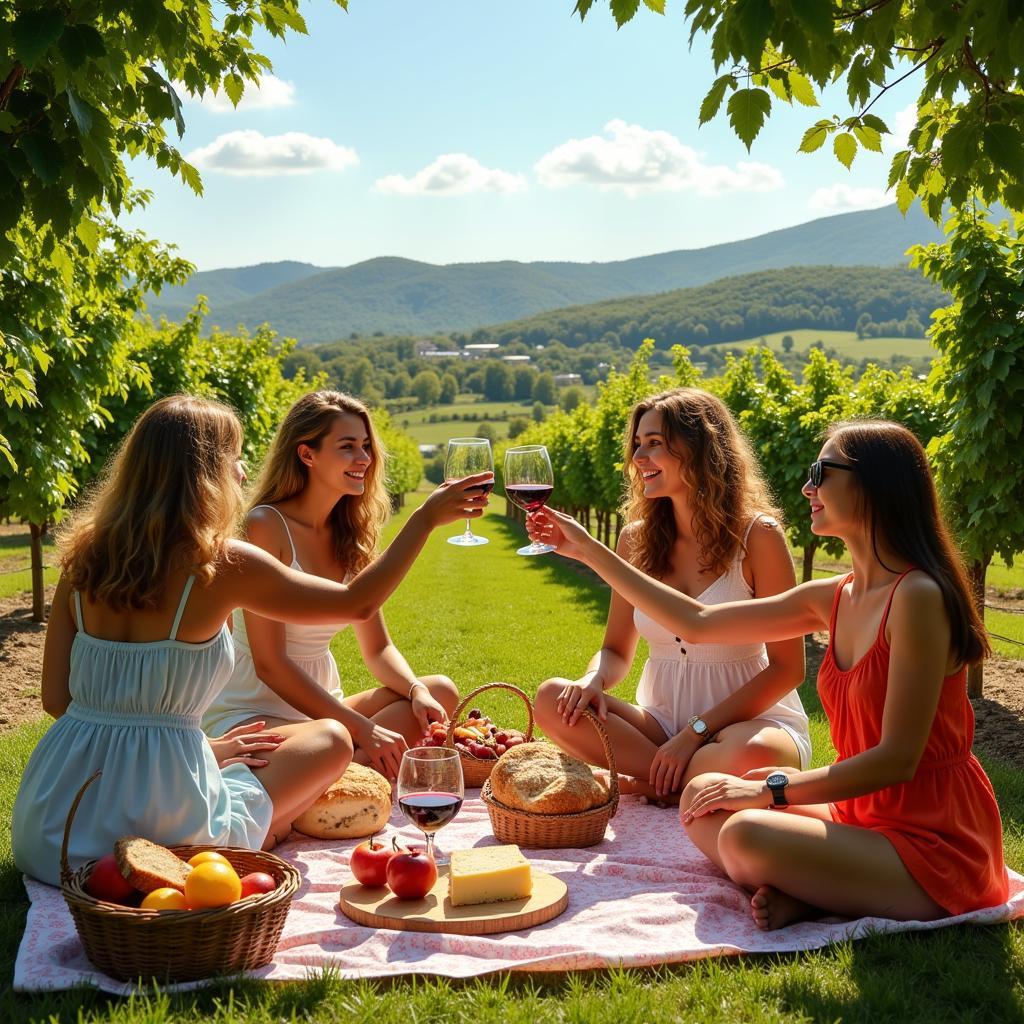 A picnic scene with friends enjoying art de vivre wine in a picturesque outdoor setting