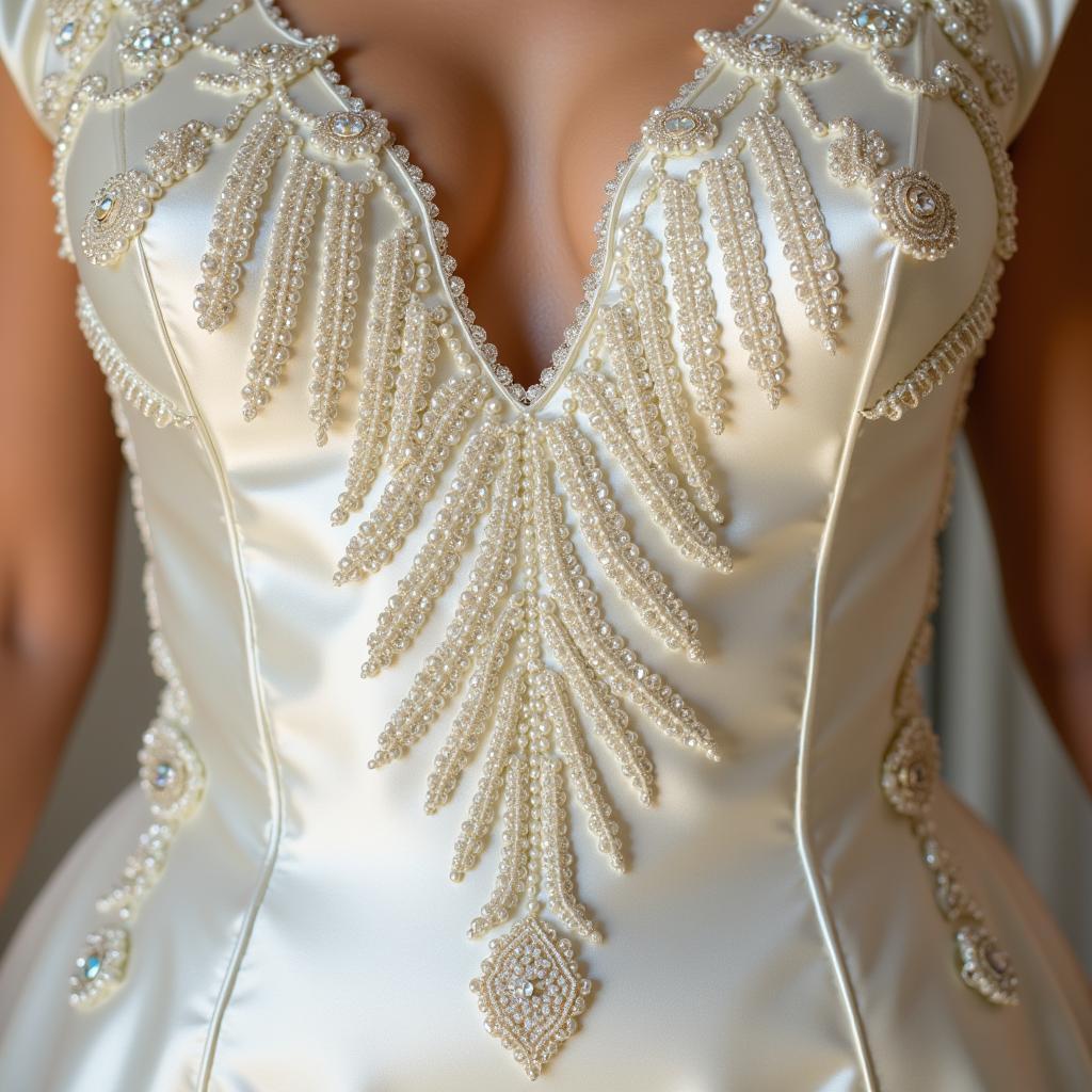 Close-up of intricate beading on an Art Deco wedding gown