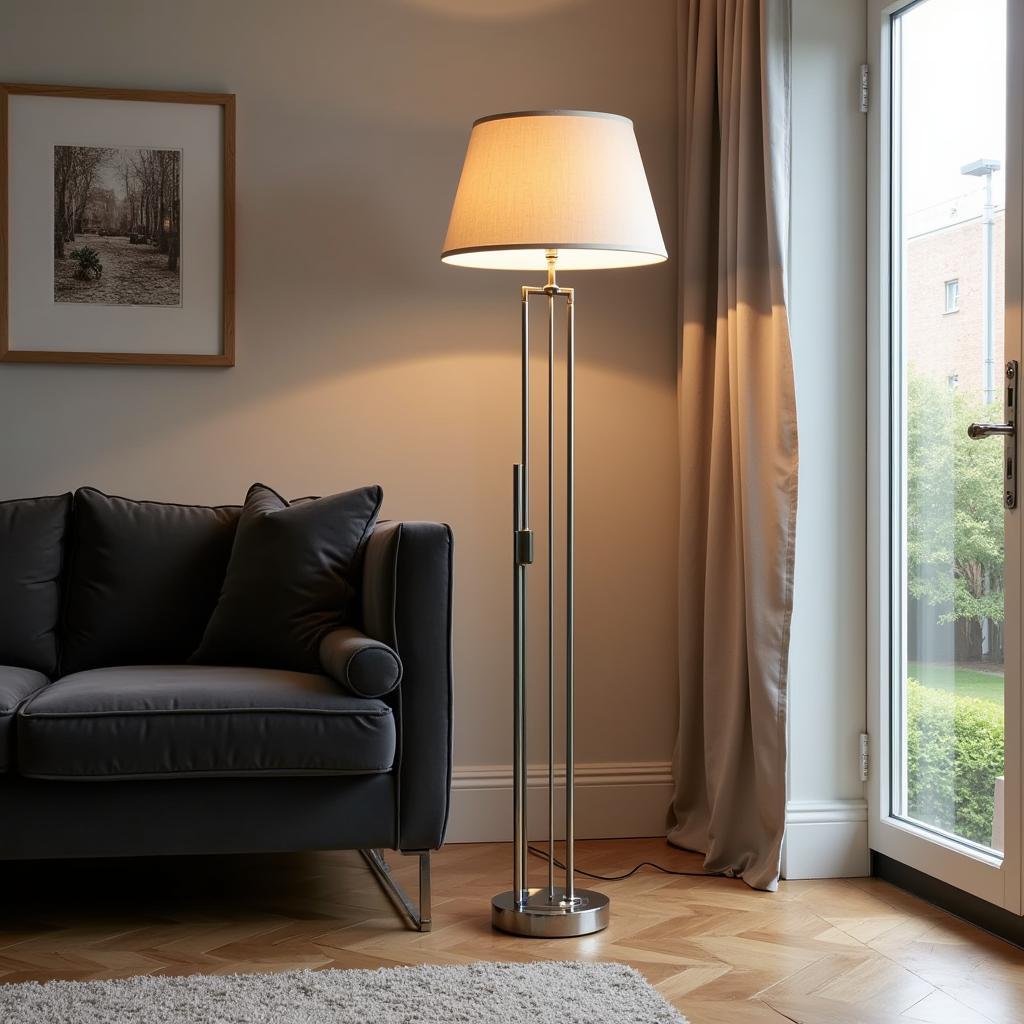 Art Deco chrome floor lamp in a contemporary living room setting, highlighting its versatility and ability to complement various interior styles.