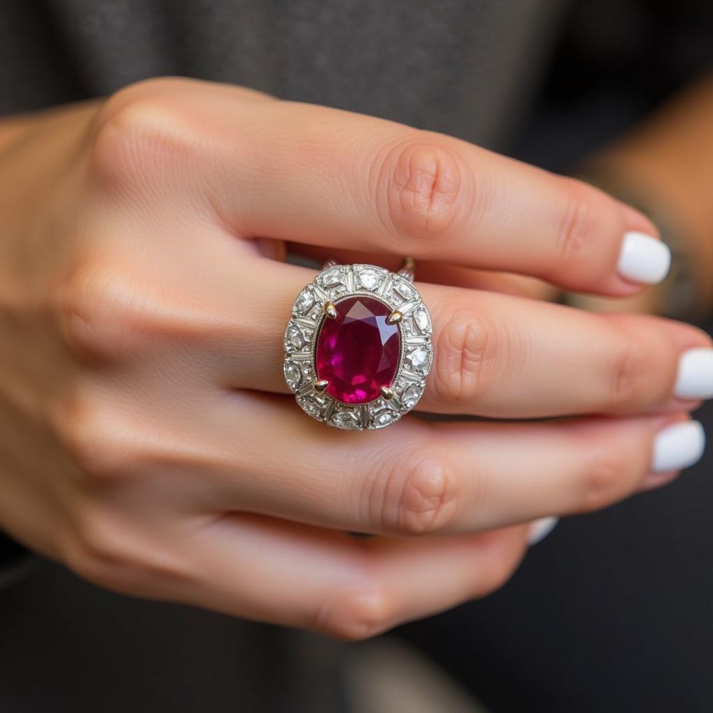 Art Deco Cocktail Ring Platinum Setting with Ruby