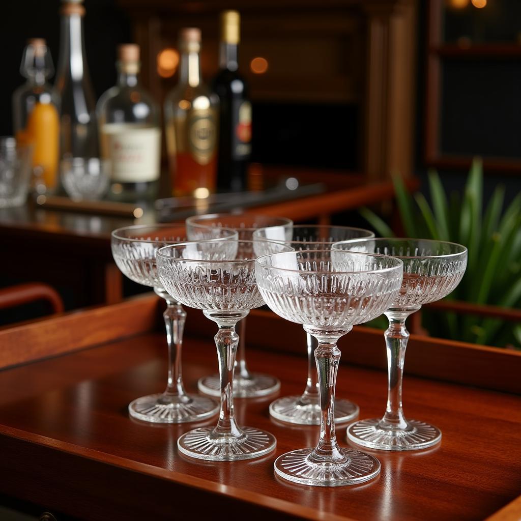 A set of gleaming art deco coupe glasses sits elegantly on a vintage bar cart, ready for a glamorous cocktail party.