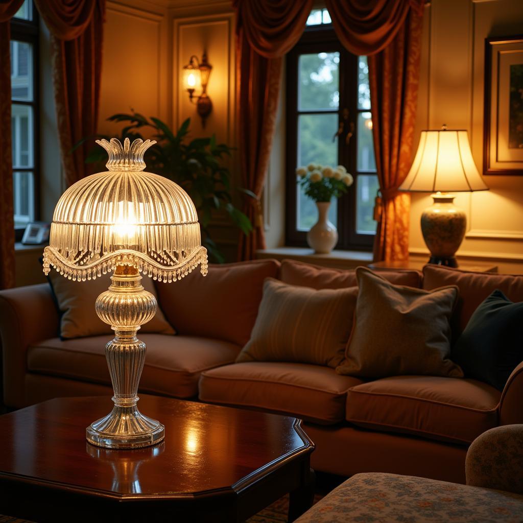 An Art Deco crystal lamp illuminating a stylish living room, showcasing its value as a timeless investment.