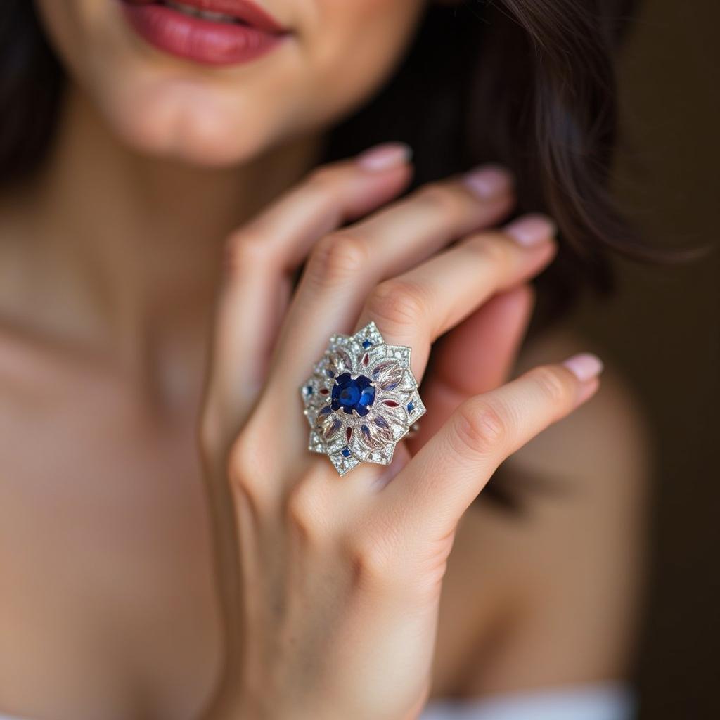 Art Deco Diamond and Sapphire Ring on Hand