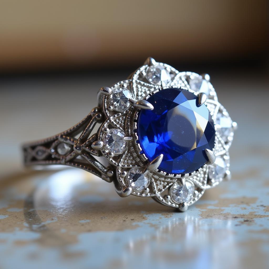 Art Deco Diamond Sapphire Ring Details