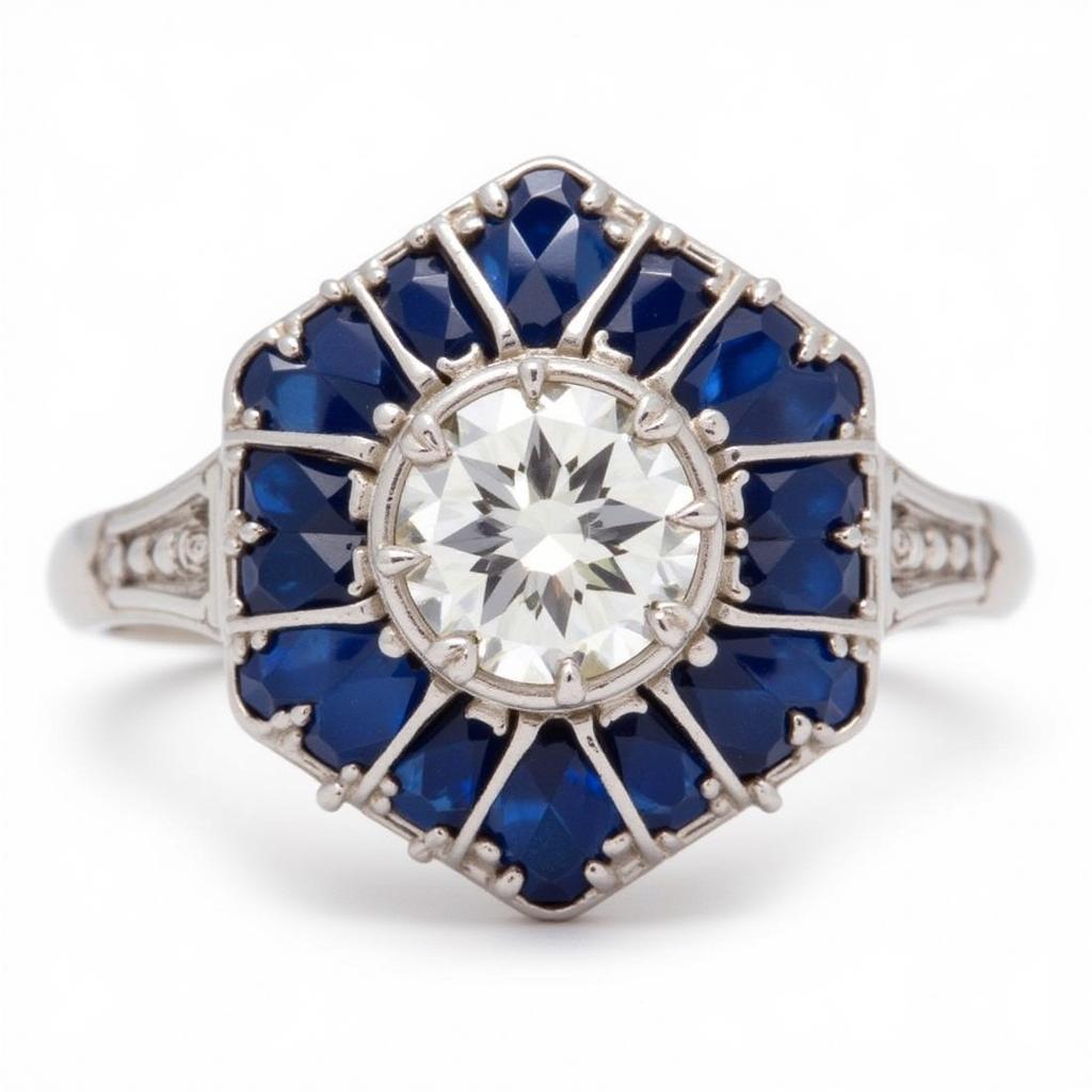 Art Deco Diamond Sapphire Ring in Platinum Setting