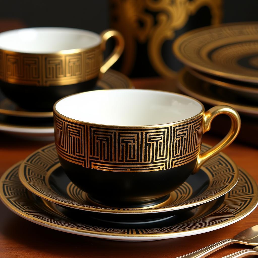 Art Deco dinnerware set with intricate geometric patterns in gold and black.