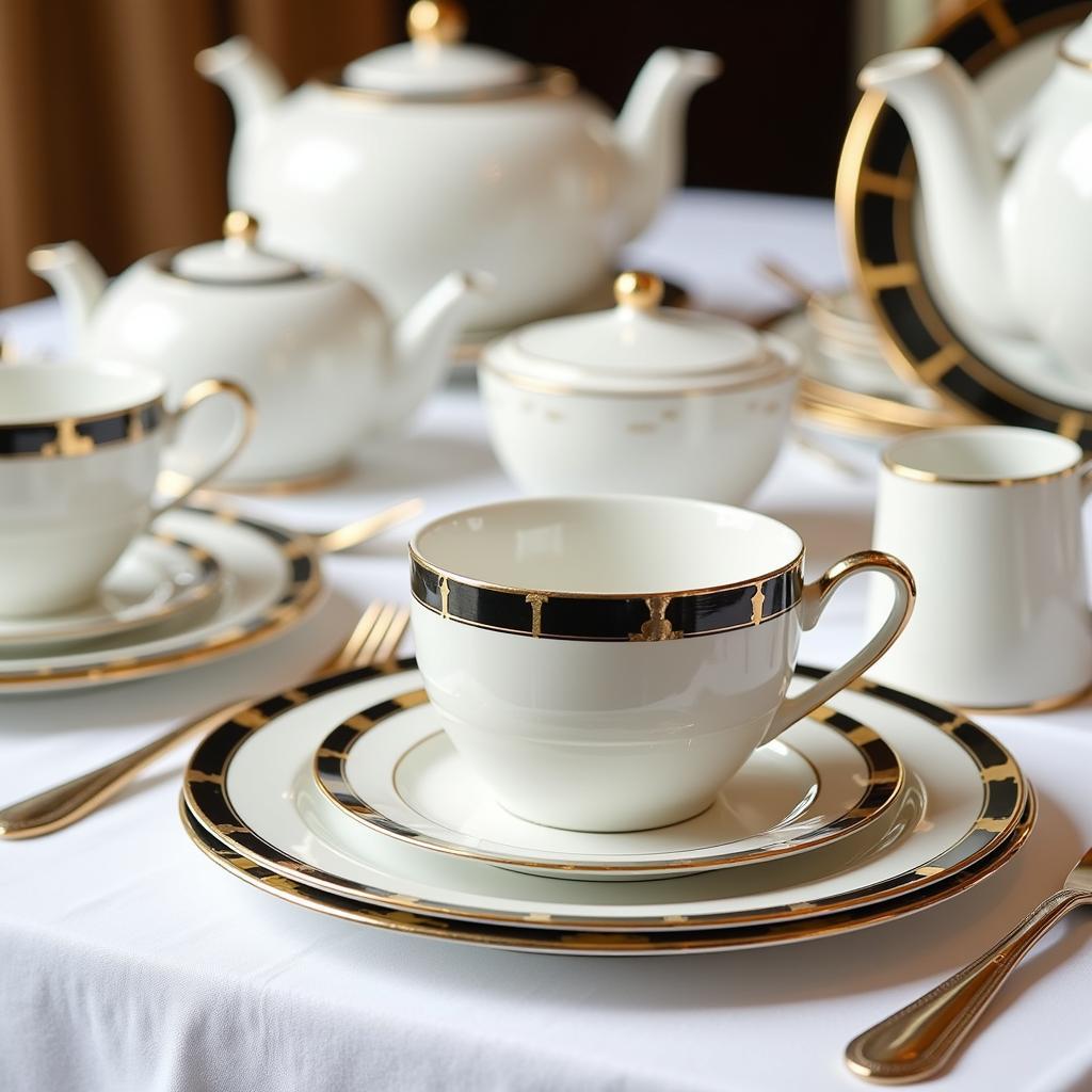 Art Deco dish set with intricate geometric patterns