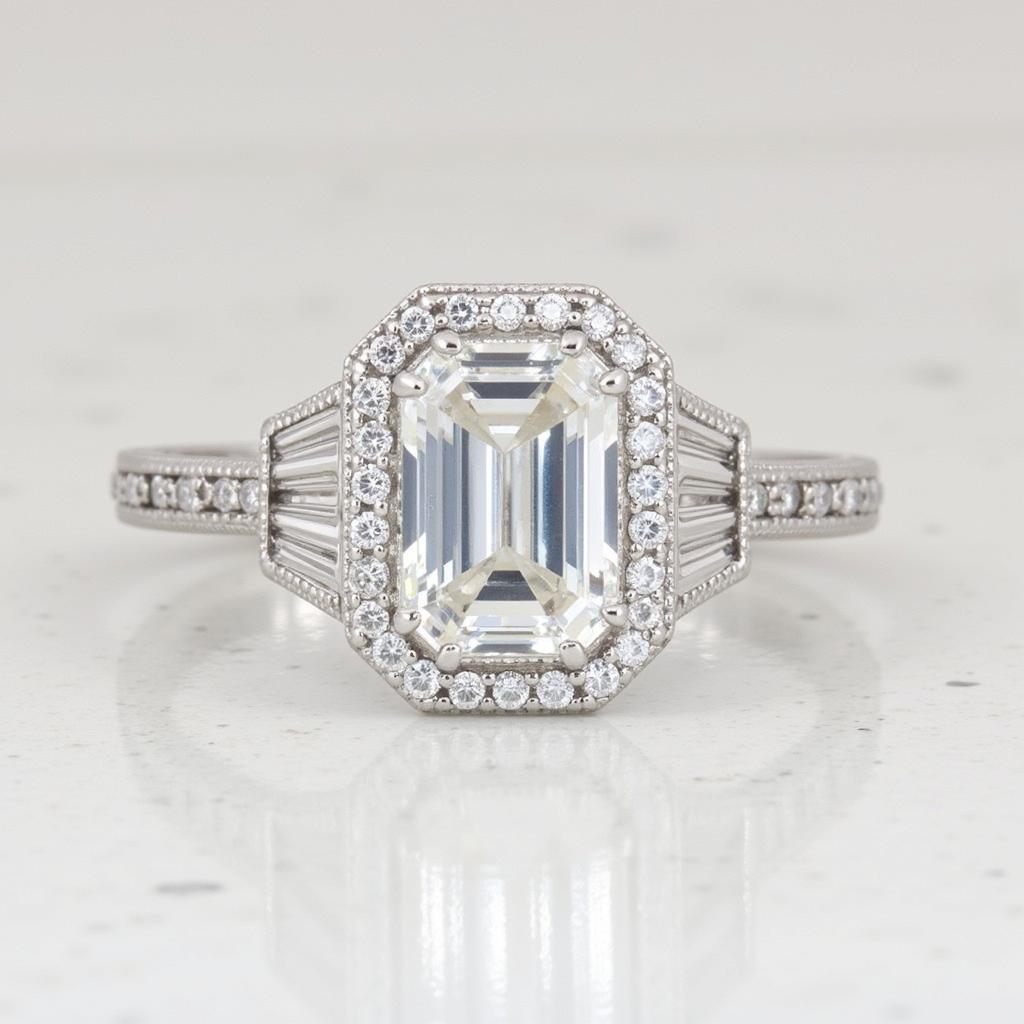 Art Deco Emerald Cut Engagement Ring in Platinum Setting