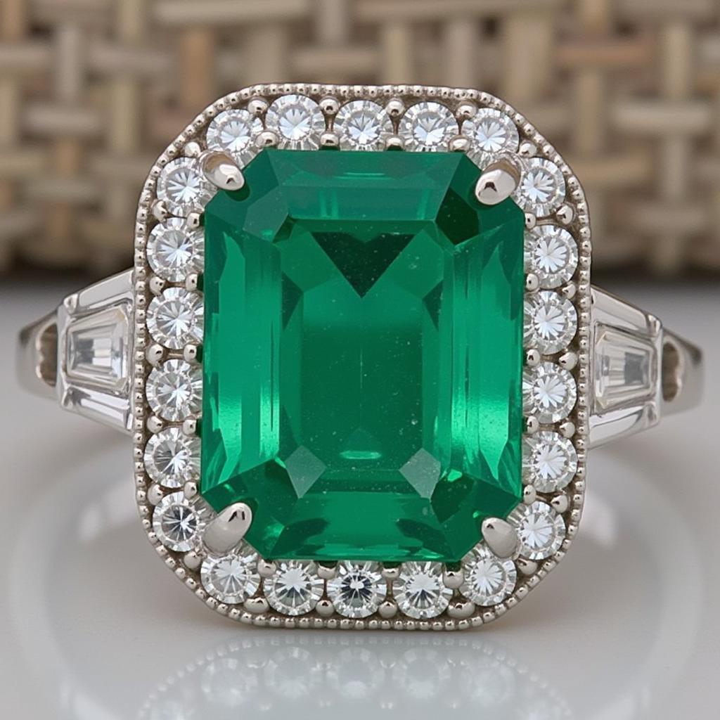 Close-up of an Art Deco Emerald Diamond Ring