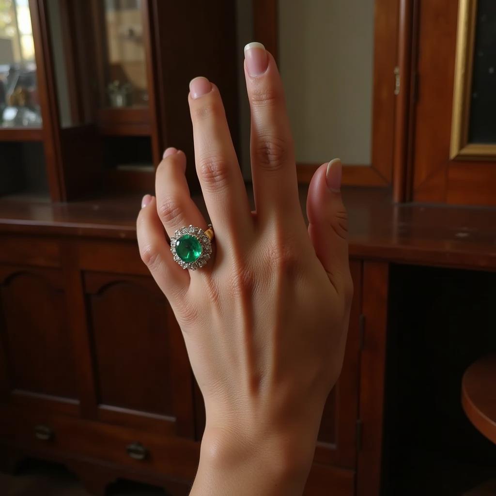 An Art Deco Emerald Ring Worn on a Hand