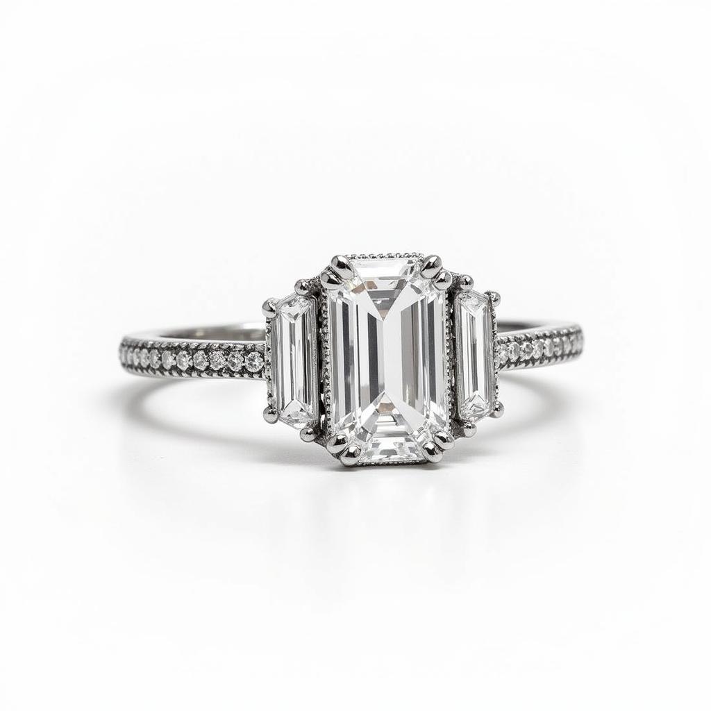 Art Deco Engagement Ring with Platinum Band and Emerald Cut Diamond