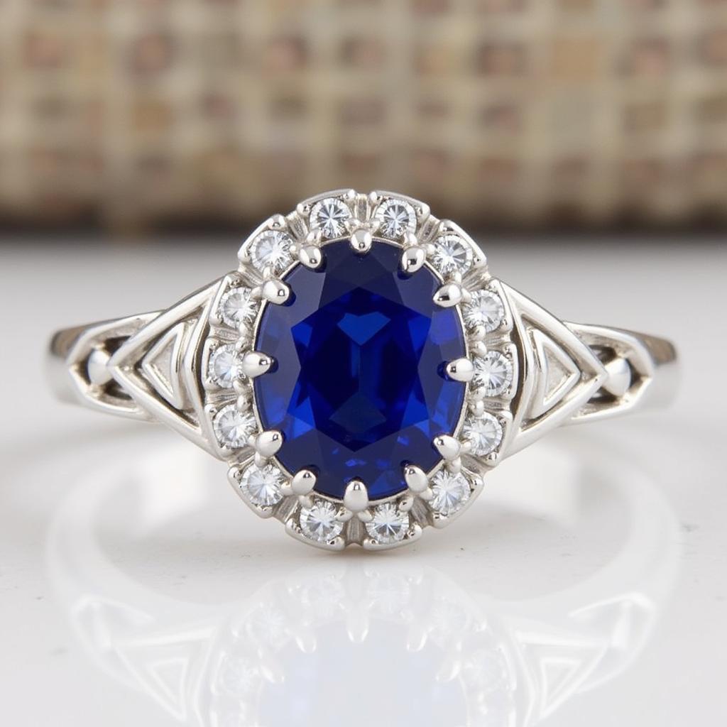 Art Deco engagement ring featuring a sapphire center stone with diamond accents in a platinum setting