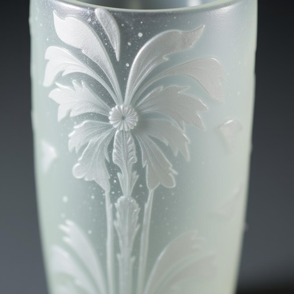 Art Deco frosted glass vase with detailed floral motifs and a frosted finish