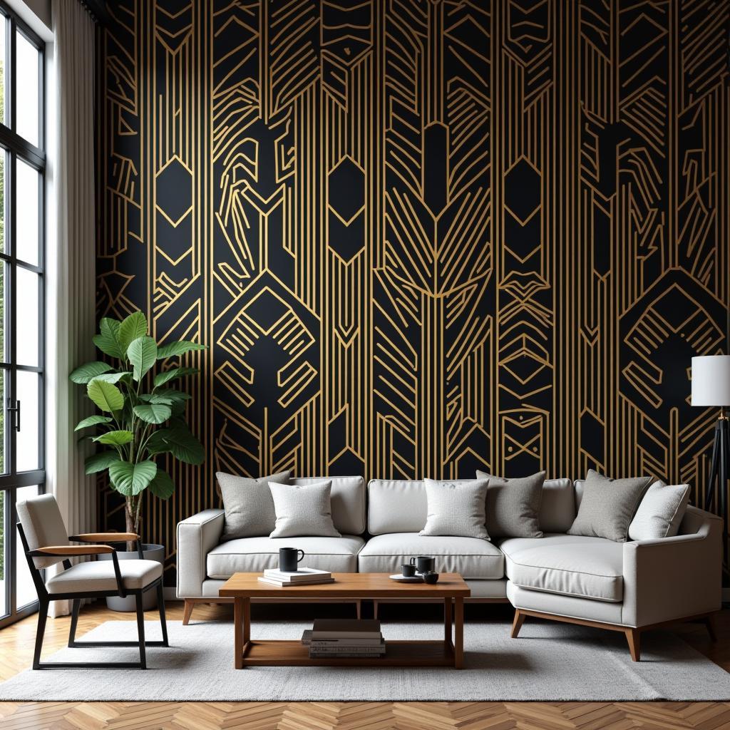 Art Deco Geometric Wallpaper in a Living Room Setting