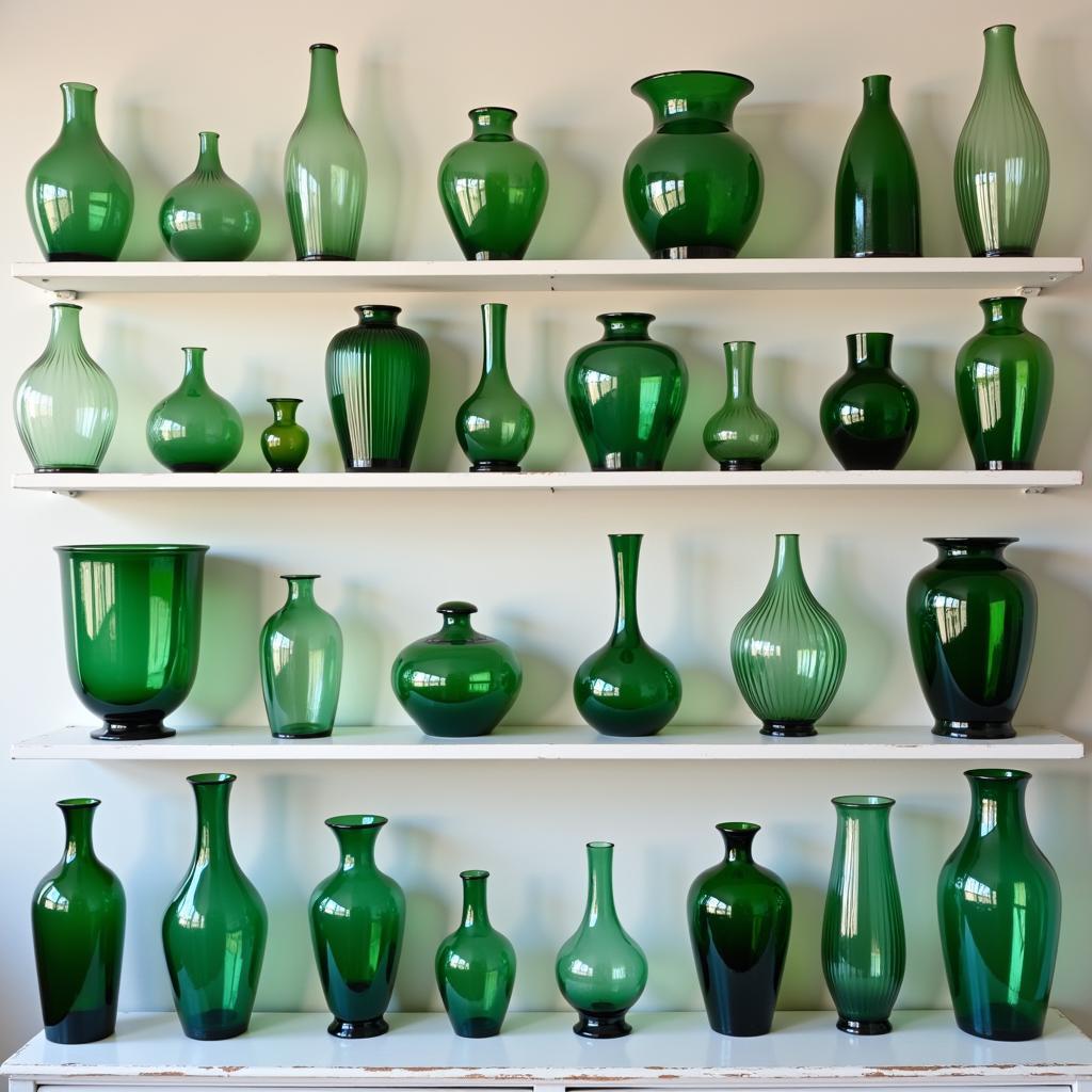 Collection of Art Deco Green Glass Vases in Different Shades and Shapes