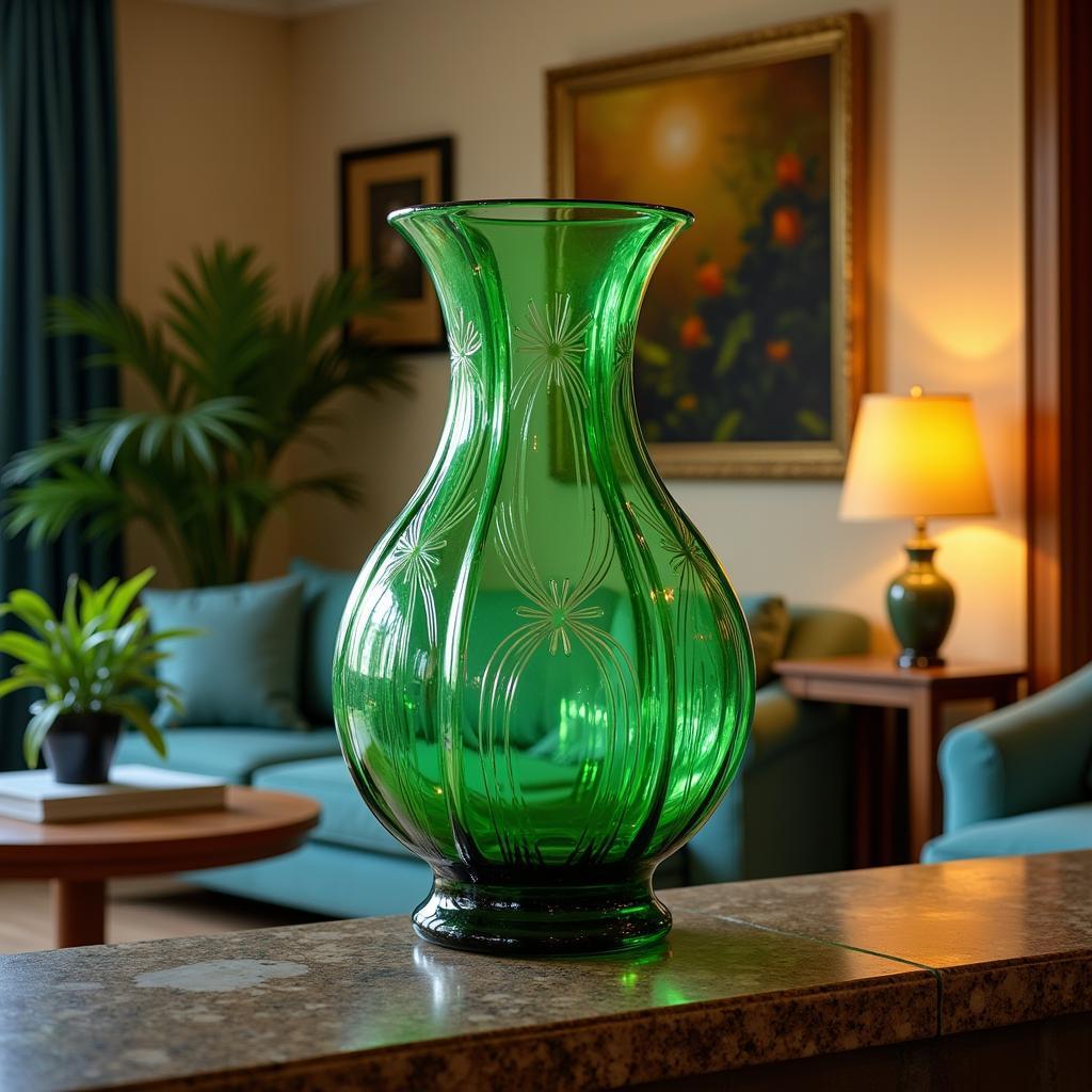 Art Deco Green Glass Vase Displayed on a Mantelpiece