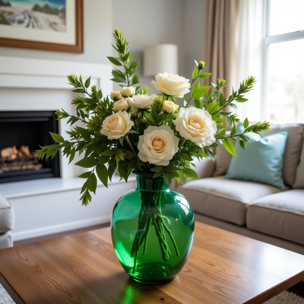 Art Deco Green Glass Vase with Fresh Flowers in a Modern Living Room