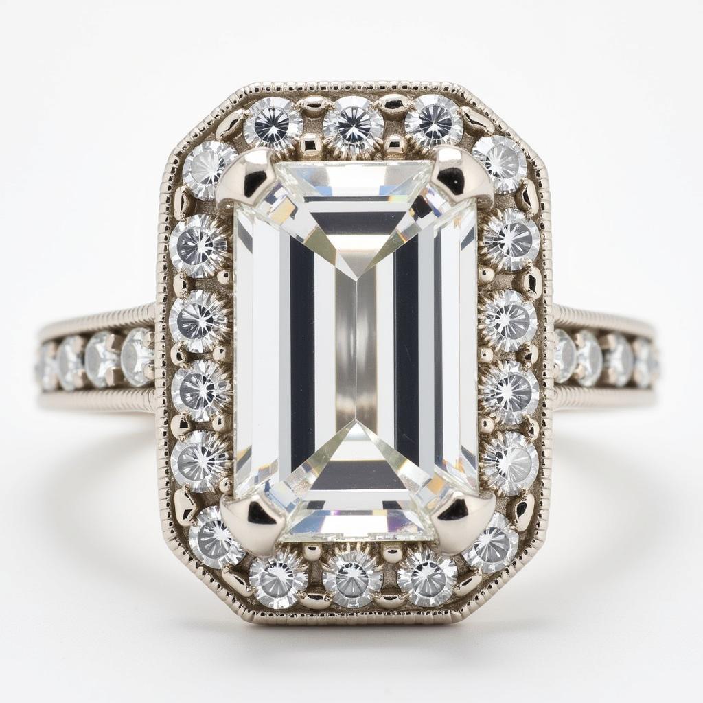 Art Deco Halo Engagement Ring with Emerald Cut Diamond