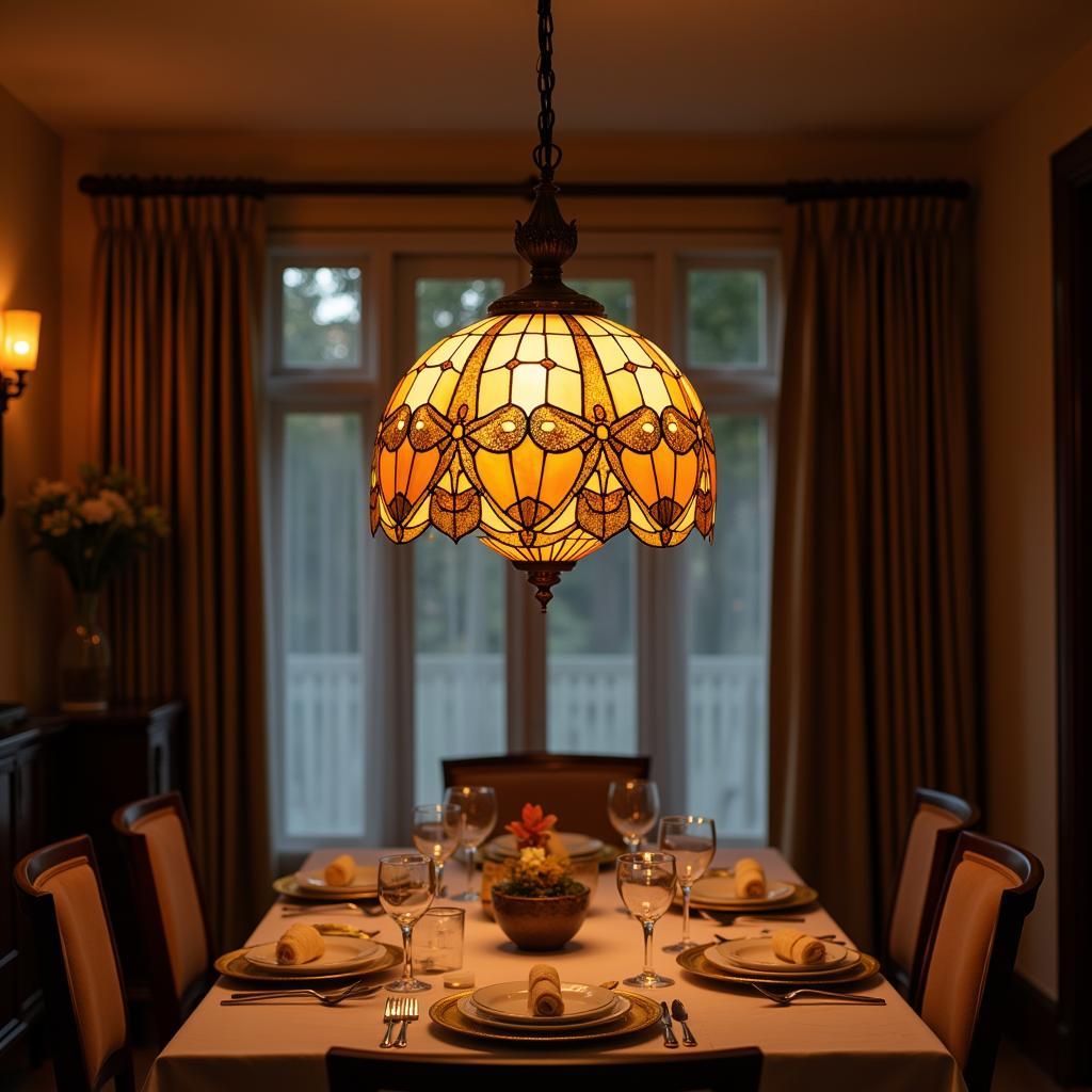 Art Deco Hanging Light with Stained Glass Shades in a Dining Room