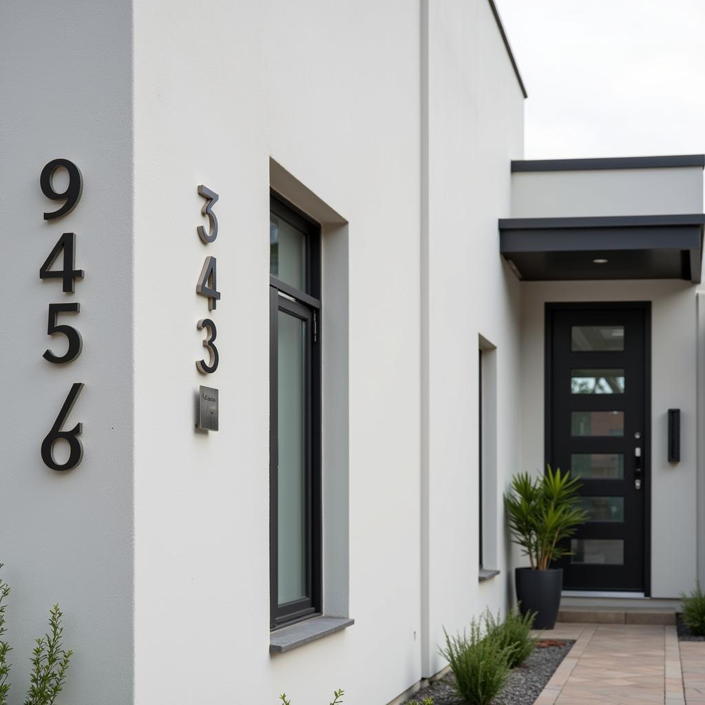 Modern home with sleek Art Deco house numbers, showcasing how the vintage style can complement contemporary architecture.