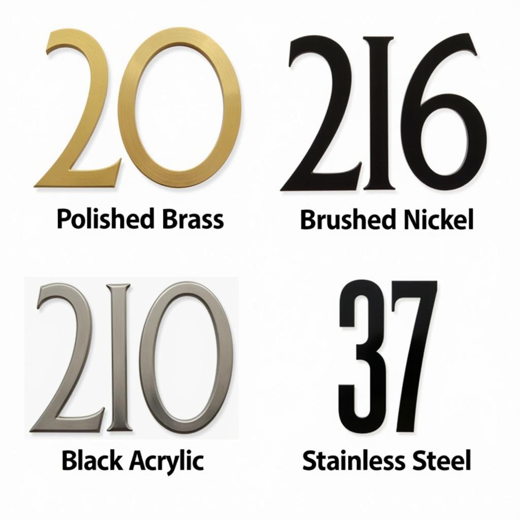 A collection of Art Deco house numbers showcasing different materials and finishes, including polished brass, brushed nickel, black acrylic, and stainless steel, each demonstrating a unique aesthetic appeal.