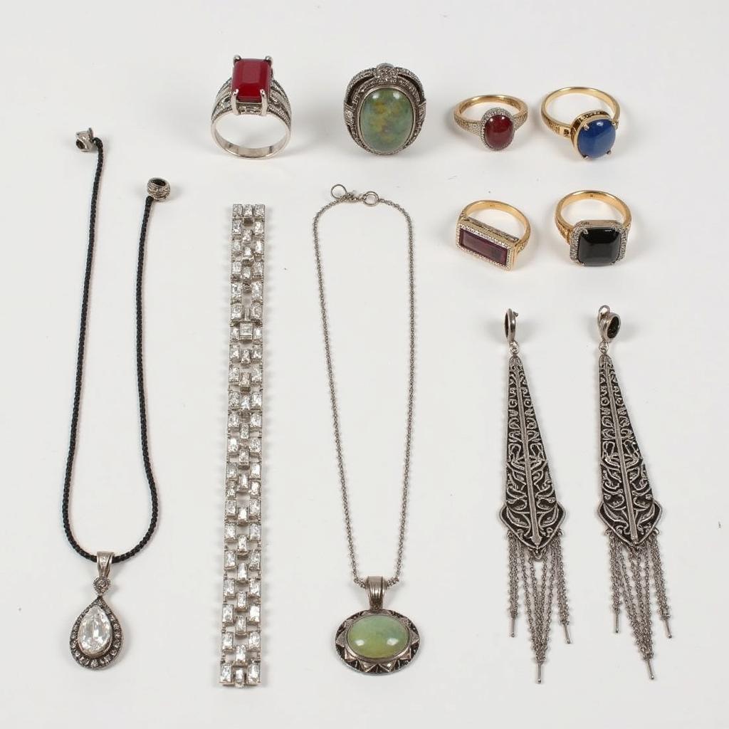 A collection of Art Deco jewelry, including rings, bracelets, necklaces and earrings