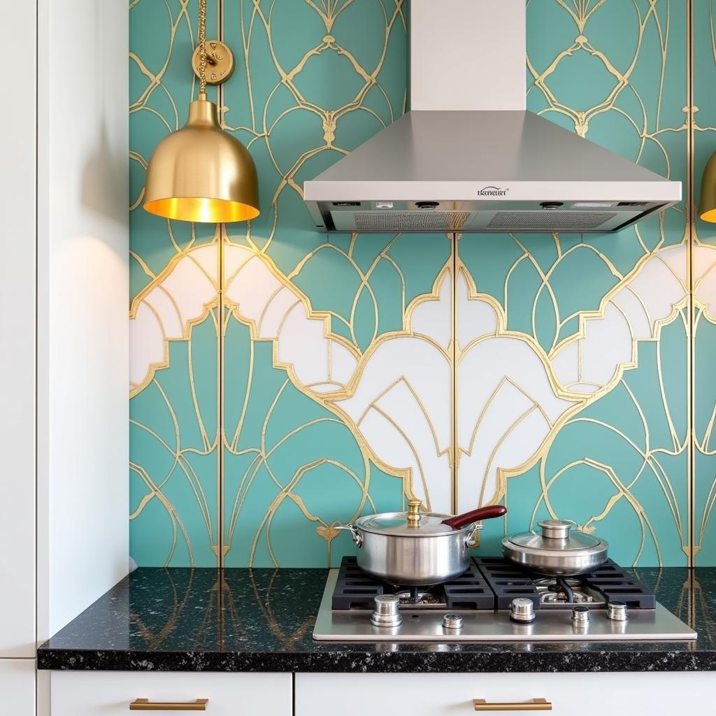 Art Deco Kitchen Backsplash with Metallic Accents