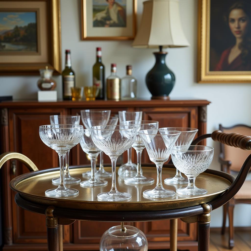 A diverse collection of art deco martini glasses, showcasing various styles, patterns, and sizes.