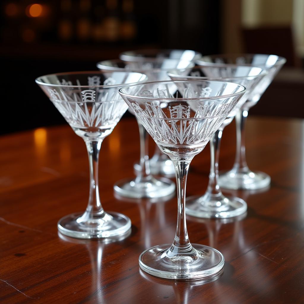 A set of gleaming art deco martini glasses, showcasing their unique geometric patterns and elegant stems.