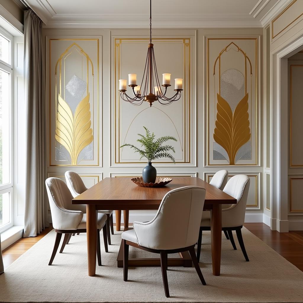 Art Deco Mural with Metallic Hues in a Dining Room