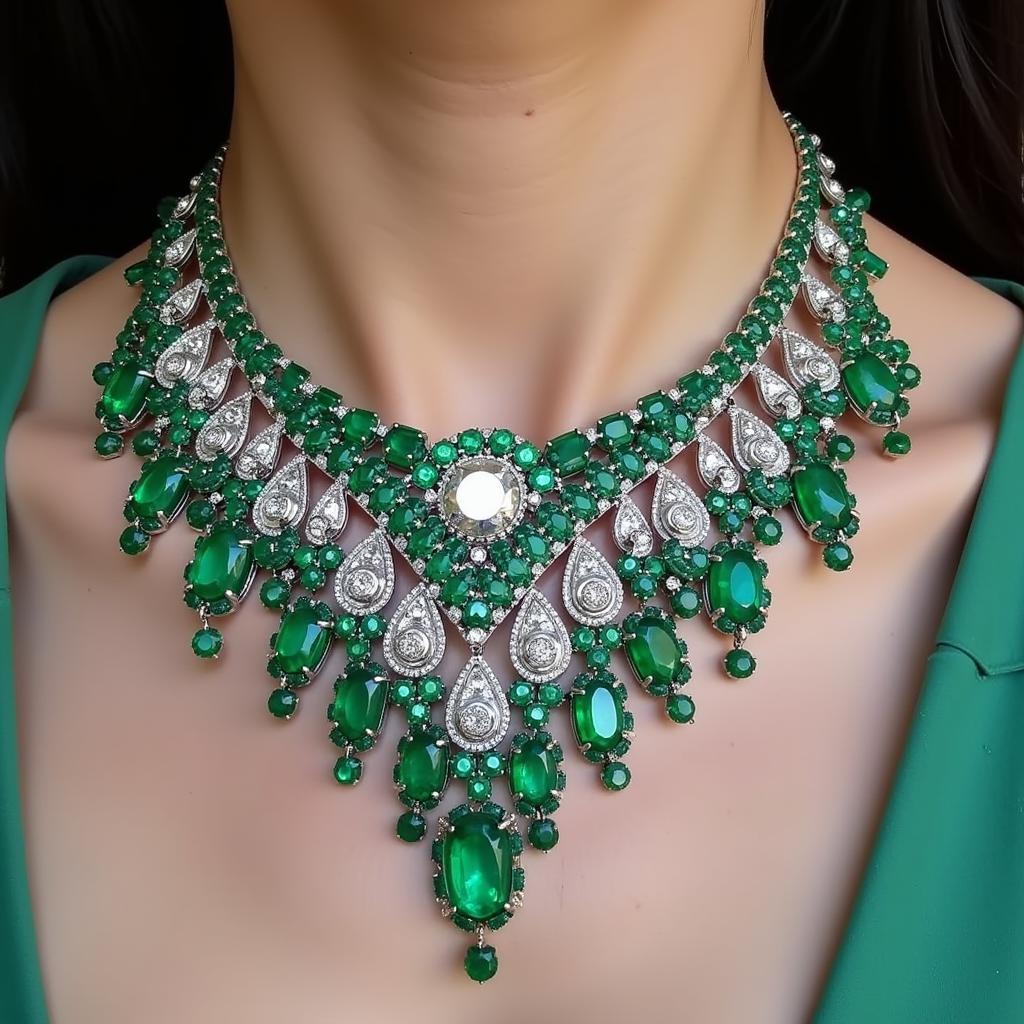 Art Deco Necklace with Platinum, Diamonds, and Emeralds