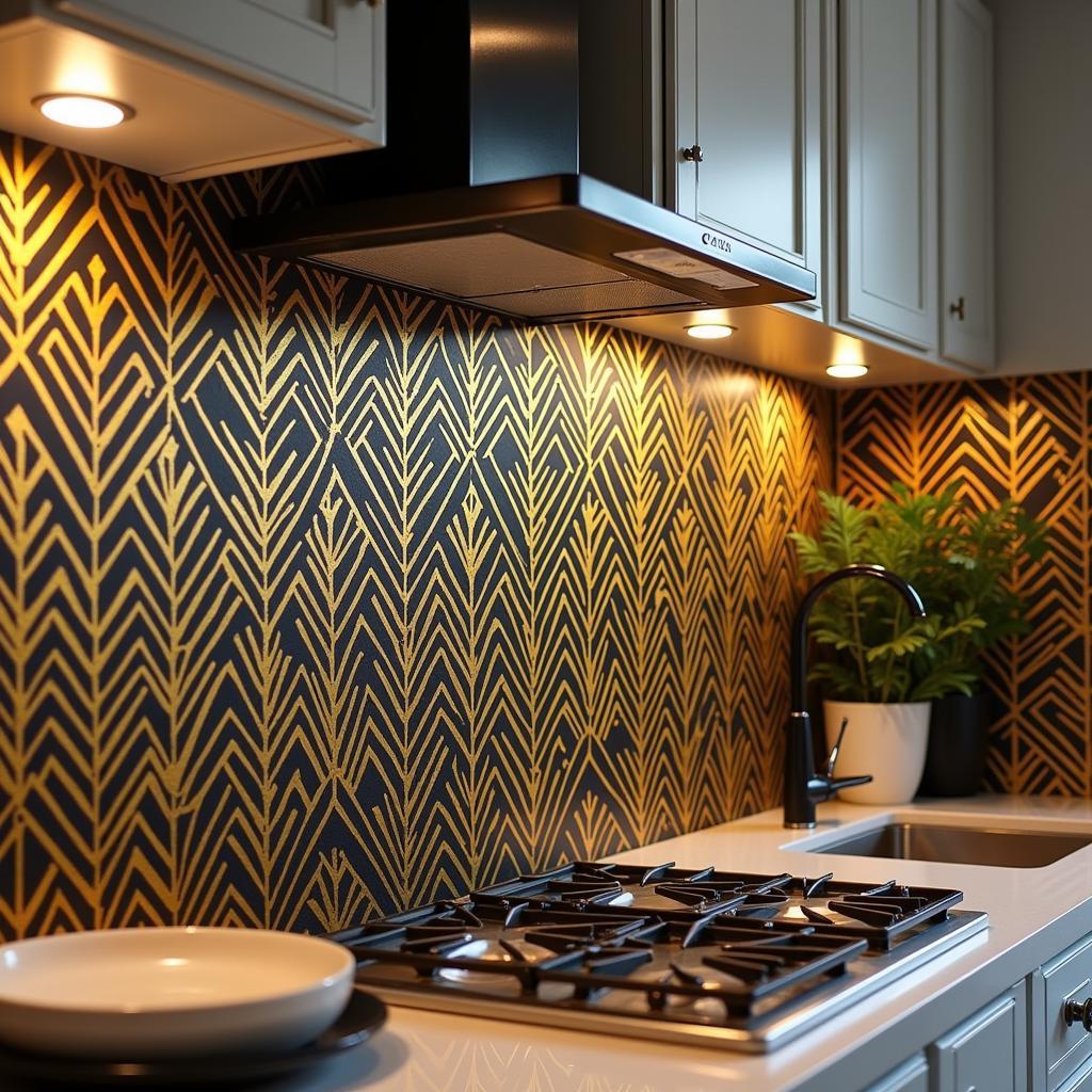 Art Deco peel and stick tiles used as a kitchen backsplash, showcasing a geometric pattern in metallic gold and black.