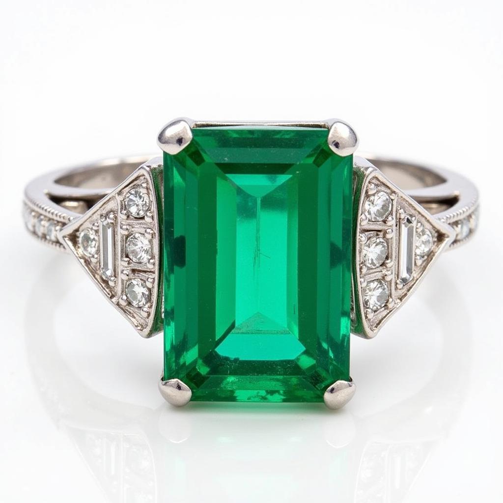 Art Deco Ring with Platinum Setting, Diamond Accents, and Emerald Cut Center Stone