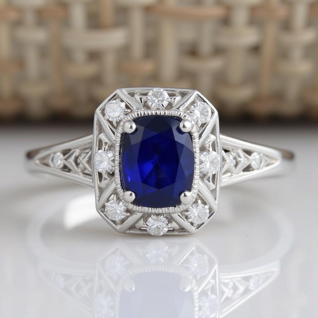 Art Deco sapphire engagement ring with a platinum setting, featuring intricate geometric patterns and a halo of diamonds.