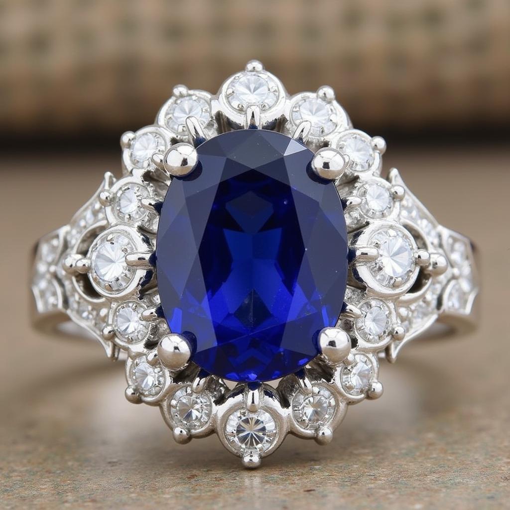 An art deco sapphire ring featuring delicate floral motifs and diamond accents.