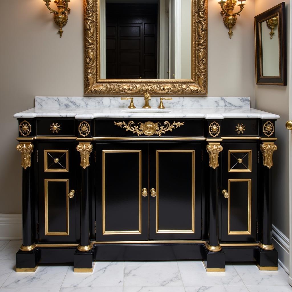 A luxurious black and gold console art deco sink with intricate detailing in a lavish bathroom.